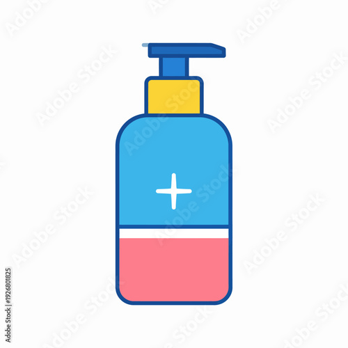 View of a colorful three-section bottle with a blue pump dispenser and white cross detail, photographed on a plain white studio backdrop, showcasing product design in a graphic style