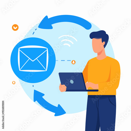 Cartoon man holding a laptop delivering email graphics with a blue arrow and envelope icon in a bright light‑blue circle, viewed from the right side of a communication illustration for presentations