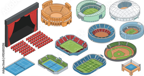 Sports Stadium and Arena Icon Set Featuring Football Baseball Tennis Fields, Amphitheater, Theater Stage, and Seating Layouts for Event and Venue Vector Design