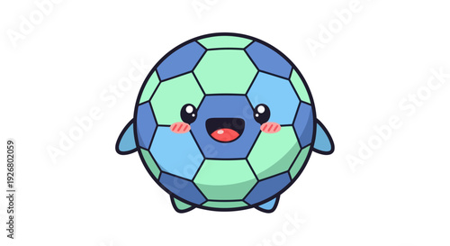 Adorable cartoon soccer ball character illustration, radiating happiness with its charming smile and vibrant blue-green hexagonal pattern, perfect for playful sports designs