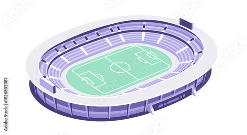 Vibrant isometric vector illustration of a modern football stadium, featuring a pristine green soccer pitch and surrounding spectator stands, perfect for sport event design