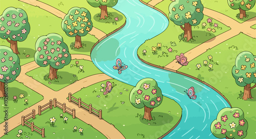 Cartoon park landscape with river, trees, flowers, and walking paths. Created in hand-drawn style with green, blue, and pink color palette.