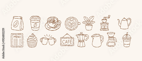 Minimalist coffee element vector set with espresso machine grinder kettle and barista tools in hand drawn doodle line art style for cafe menu design