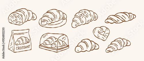 Fresh croissant and assorted pastry vector set in hand drawn doodle line art style for bakery menu cafe breakfast and food branding design