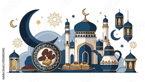 Celebrating Ramadan with mosque, lanterns, and crescent moon in a serene, festive atmosphere, illustration, 8 VR.eps