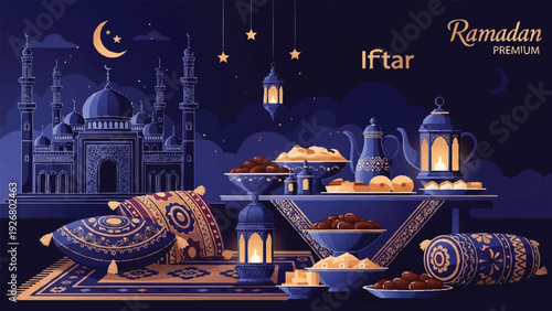 Ramadan Iftar feast setup with traditional food, lanterns, and cushions in an ornate, serene environment viewed from above