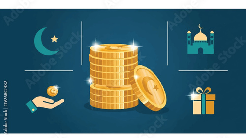 Stacks of gold coins surrounded by Islamic symbols and charity elements in a digital illustration