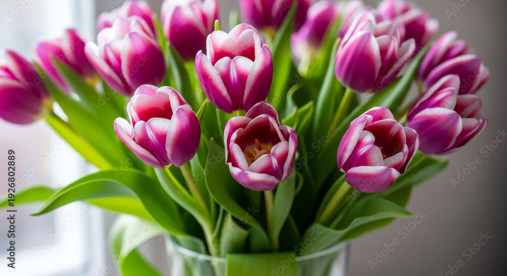 Obraz premium Pink and white tulips bouquet in glass vase, close up spring floral still life