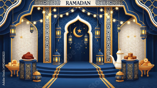 Ramadan celebration scene with mosque entrance, crescent moon, lanterns, and decorative elements in a 28 VR eps style