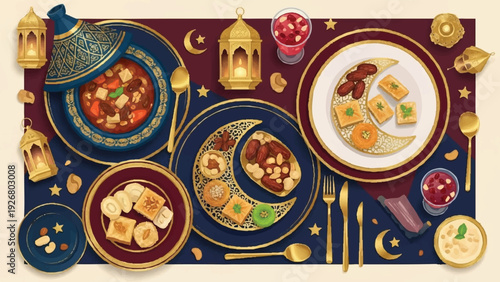 Ramadan 41 VR.eps celebration dinner setup with traditional dishes and decorations