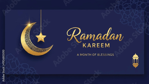 Celebrating Ramadan Kareem with Crescent Moon and Lanterns in a Serene Night Sky Scene, Vector Illustration