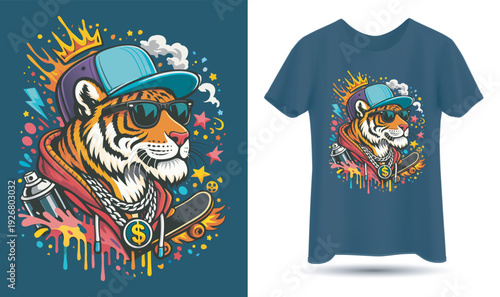 Urban Street Style Cool Tiger Vector Illustration T-Shirt Design.