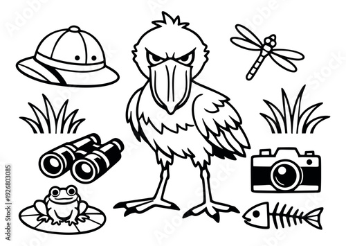 Hand drawn line art nature exploration set featuring a pelican-like bird, safari hat, binoculars, frog, and camera for outdoor discovery
