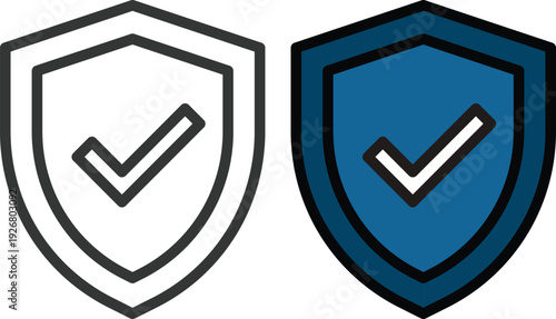 Modern shield security check icon set collection in flat and line style featuring protection, approval, verified badge and cybersecurity symbols. Data safety and trust concepts.