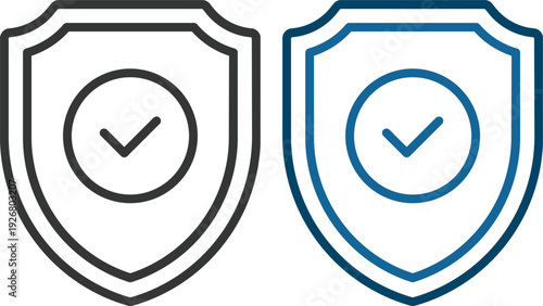 Modern shield security check icon set collection in flat and line style featuring protection, approval, verified badge and cybersecurity symbols. Data safety and trust concepts.