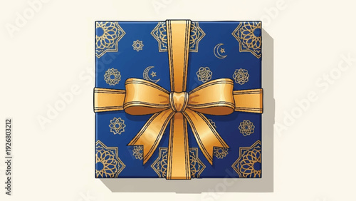 Gift box adorned with gold ribbon and patterns on blue wrapping viewed from directly above