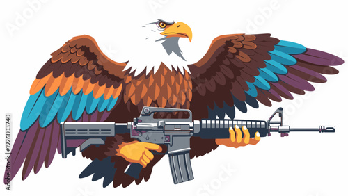 American Bald Eagle Clipart Illustration Holding Rifle Gun, Patriotic Symbol of Freedom and Strength, Vector Graphic for Nationalistic Themes