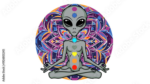 Alien Meditating with Chakras Vector Illustration Yoga Spiritual Enlightenment Concept for Wellness and Esoteric Niches