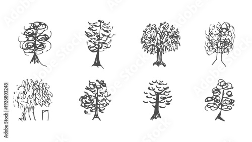 手書きの木・樹木 ベクターイラストセット 建築パース スケッチ風 エコ デザイン装飾 / Hand drawn tree vector set, sketch style trees for architecture and eco design