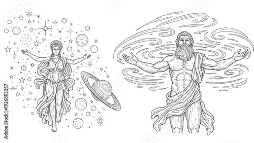 Ancient Greek Gods Zeus and Hera Vector Illustration, Cosmic Celestial Background with Stars and Planets, Mythological Figures for Fantasy and History Projects