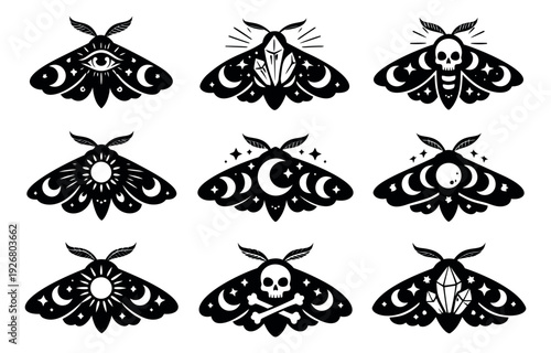 Mystical moth illustration set featuring celestial and occult symbols for witchcraft and spiritual designs