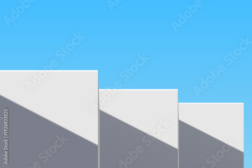 Minimal three white podiums on blue sky background, vector illustration design for display cosmetic product, summer banner, mockup