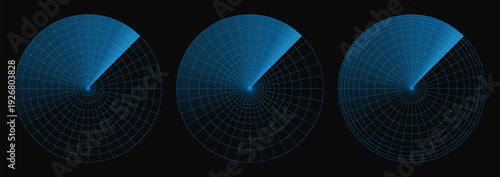 Radar sonar vector, military technology screen. Target ship scan on hud circle bg. Army data ui for submarine signal search compass. Airplane system graphic. Naval radio blue display, crosshair center
