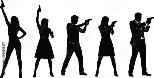 Action agent silhouettes set with men and women holding pistols, spy characters in combat stances, black vector illustration for thriller, crime, security concepts