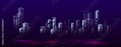 Futuristic night city vector background with illuminated skyscrapers and glowing speed light trails on the road. Urban metropolis skyline panorama with fast motion traffic blur concept.