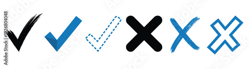 Vector icon set of check marks and cross marks in brush stroke, solid flat, dashed line, and outline styles for checklist, approval, rejection, and decision making business concepts