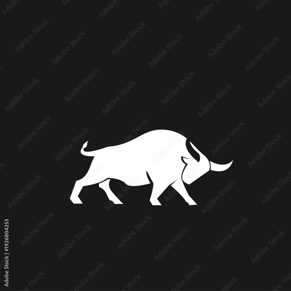 Fototapeta premium Powerful White Bull Silhouette with Horns on Black Background