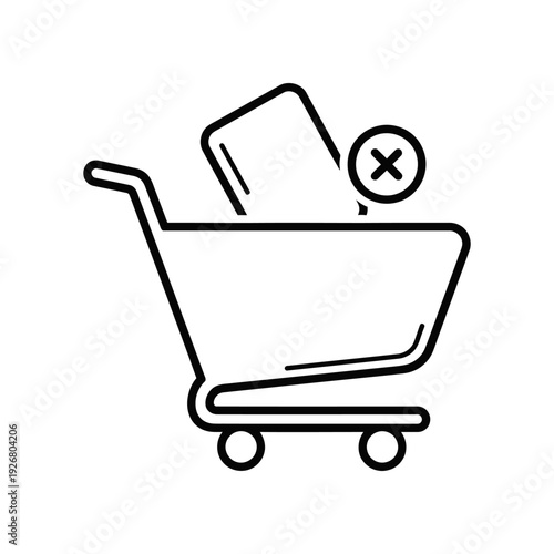 A minimalist line art illustration of a shopping cart with a product and a rejection symbol, on a clean white background.