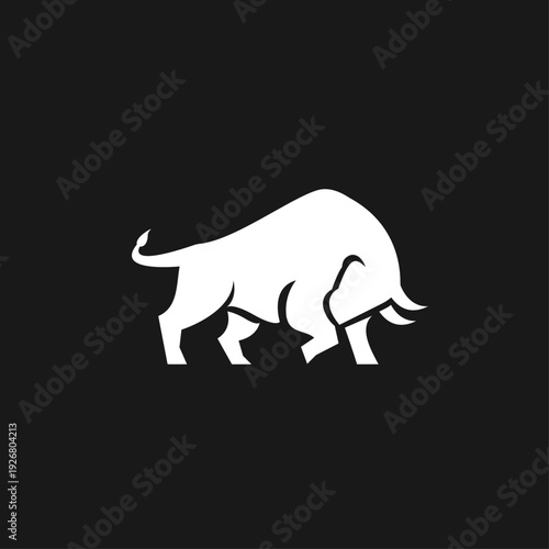 White Bull Charging Silhouette Logo on Black Background - Minimalist Graphic Icon