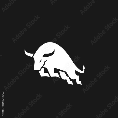 White Bull Charging Logo, Powerful Animal Design on Black Background