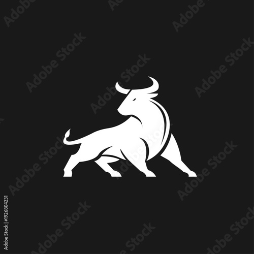 Powerful White Bull Logo Design on Black Background. Modern Stylized Graphic Icon of a Strong Animal Mascot.