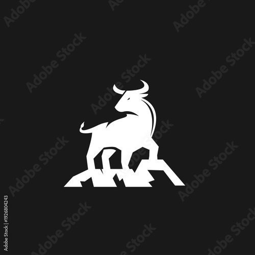 Powerful White Bull Logo on Rocks, Minimalist Geometric Animal Symbol of Strength and Determination