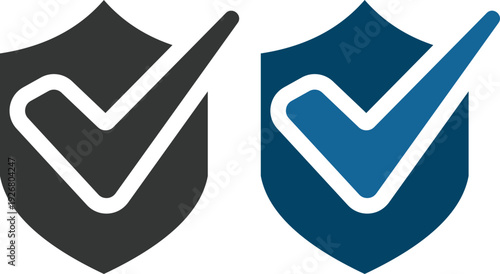 Modern shield security check icon set collection in flat and line style featuring protection, approval, verified badge and cybersecurity symbols. Data safety and trust concepts.