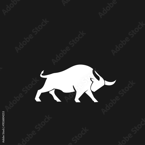 Powerful White Bull Silhouette with Horns on Black Background