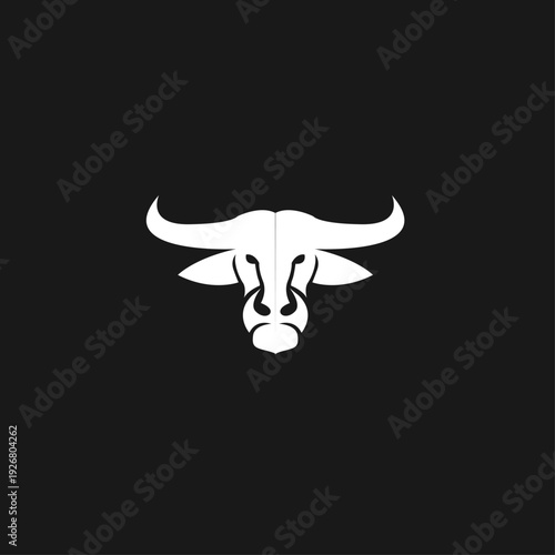 White Minimalist Bull Head Logo with Strong Horns on Black Background