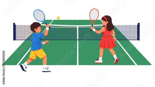 Children playing tennis on a court, boy and girl with rackets ready to hit the ball, vector illustration for sports and active lifestyle