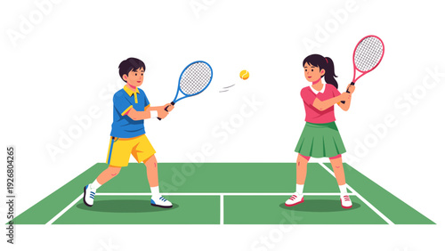 Children Playing Tennis on Court, Active Kids Enjoying Sports Game, Summer Outdoor Activity, Vector Illustration Style