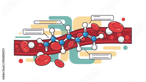 Cholesterol Molecule Structure in Bloodstream with Red Blood Cells, Medical Science Vector Illustration for Health and Cardiology Concepts