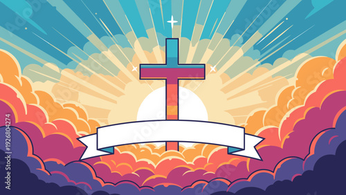Christian Cross with Radiant Sunburst and Clouds, Blank Banner Mockup for Religious Message or Event Announcement