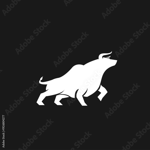 Powerful White Bull Silhouette Charging Forward on Black Background, Symbol of Strength and Finance
