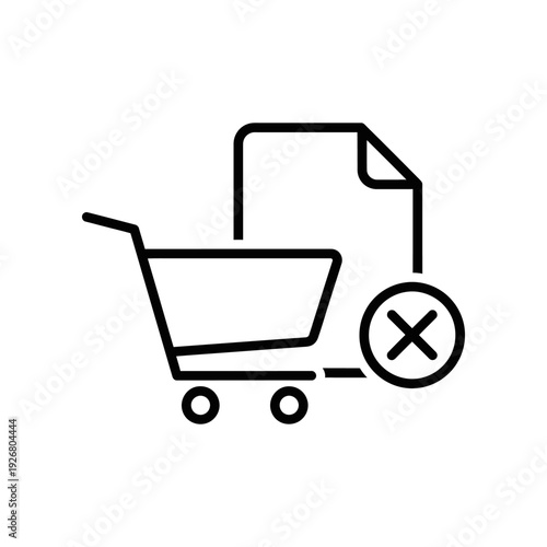 Minimalist black and white vector illustration of a shopping cart with a prohibition sign, ideal for e-commerce and retail design projects.