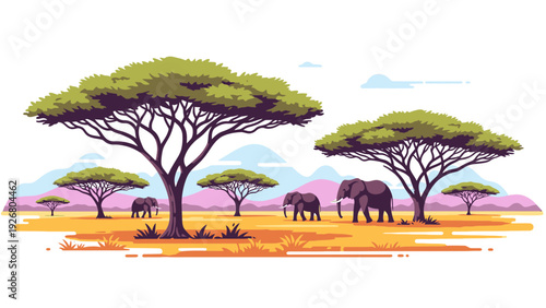 African Savannah Landscape Vector Illustration with Elephants and Acacia Trees, Flat Design Style for Wildlife and Travel Concepts
