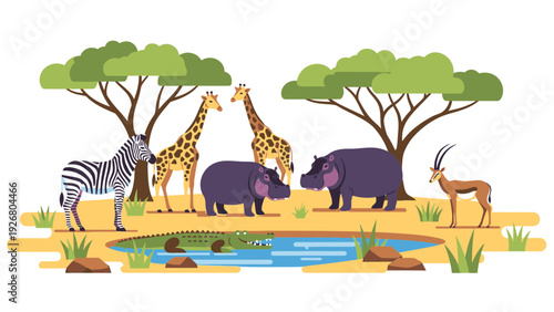 African Wildlife Animals Vector Illustration in Savannah Landscape with Waterhole and Trees, Flat Design Style for Educational and Nature Content