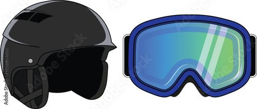 A black ski helmet and blue ski goggles with reflective lenses on a white background, flat lay.