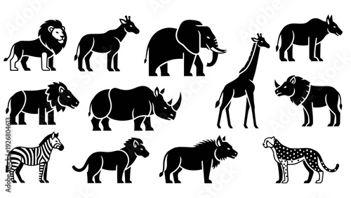 African Wildlife Silhouette Collection Vector Illustration Graphic Style Isolated on White Background for Safari and Zoo Concepts
