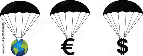 Parachute delivery concept vector illustration with earth globe euro and dollar symbols representing global economy finance investment and business distribution idea